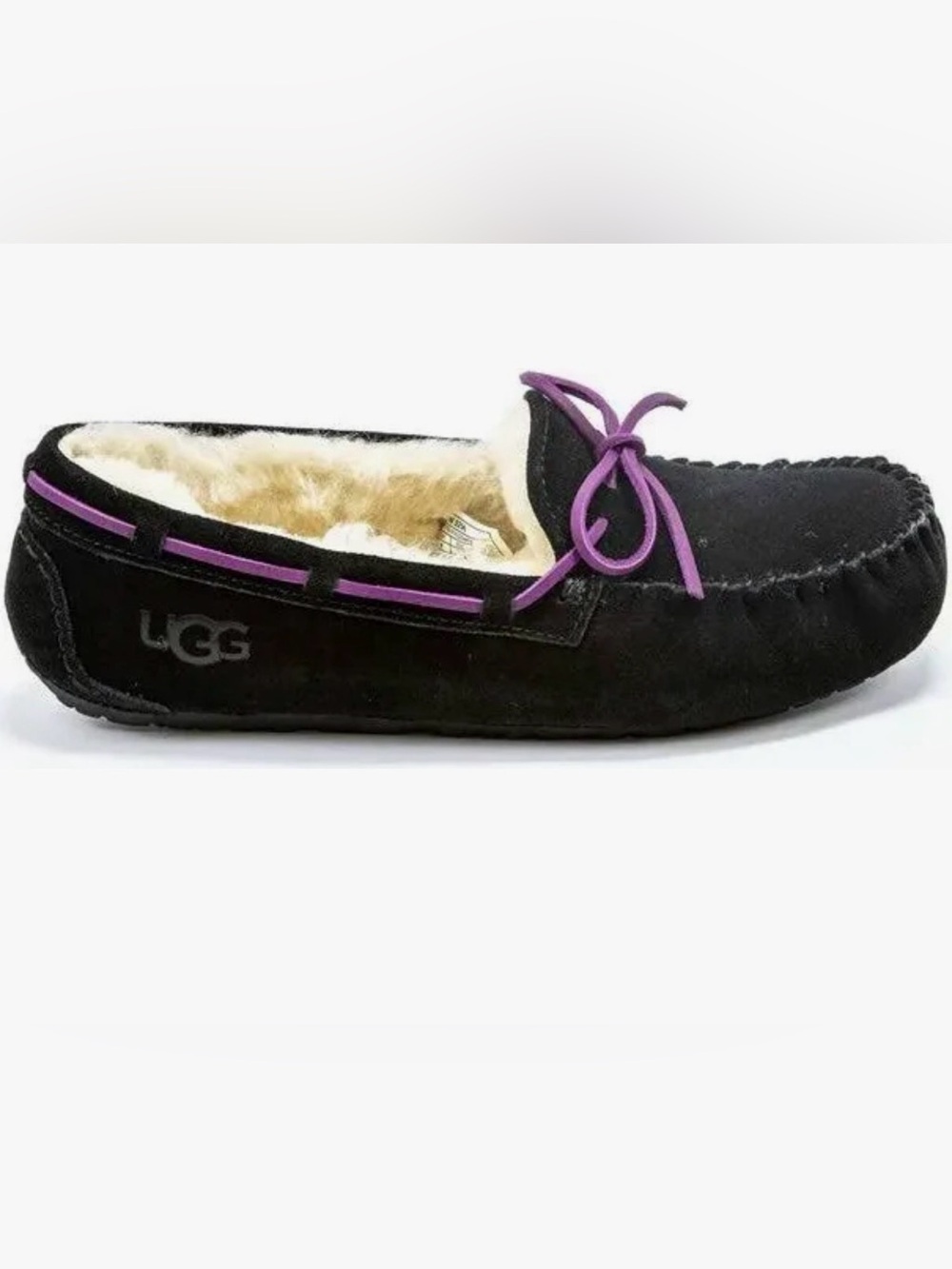 UGG Black Suede Moccasin with Purple Trim and Bow Accent